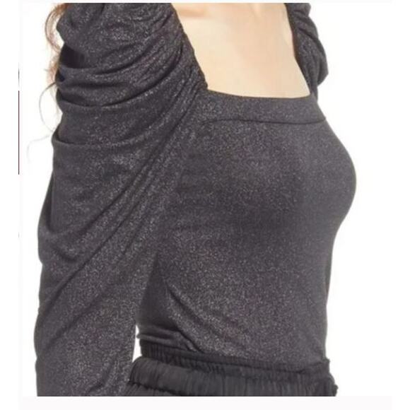 Open Edit Black Metallic Puff Sleeve Sparkle Evening Top - Size Medium - Picture 1 of 7